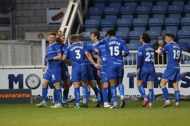 Hartlepool United's Luke Armstrong celebrates after scoring their first goal   during the Vanarama National League match between Hartlepool United and Barnet at Victoria Park, Hartlepool on Saturday 27th February 2021. (Credit: Mark Fletcher | MI News)