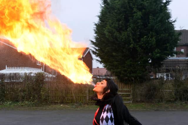 Former pupil and now circus performer Elena Madina returned to the school with her fire breathing act.