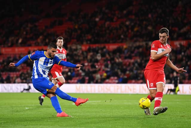 MIDDLESBROUGH, ENGLAND - JANUARY 07: Deniz Undav of Brighton & Hove Albion scores the team's fifth goal during the Emirates FA Cup Third Round match between Middlesbrough and Brighton & Hove Albion at Riverside Stadium on January 07, 2023 in Middlesbrough, England. (Photo by Stu Forster/Getty Images)