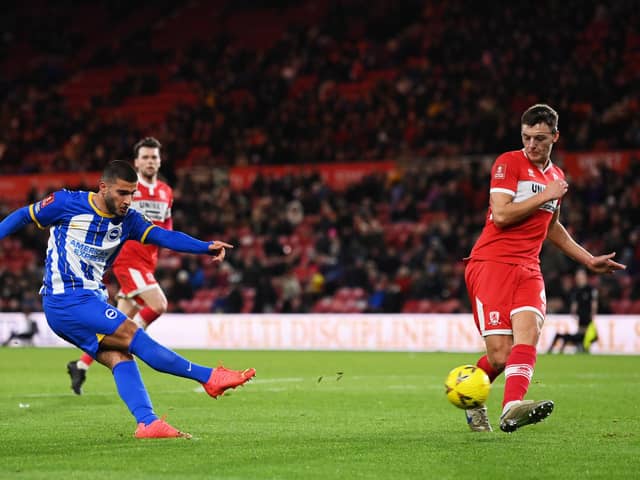 MIDDLESBROUGH, ENGLAND - JANUARY 07: Deniz Undav of Brighton & Hove Albion scores the team's fifth goal during the Emirates FA Cup Third Round match between Middlesbrough and Brighton & Hove Albion at Riverside Stadium on January 07, 2023 in Middlesbrough, England. (Photo by Stu Forster/Getty Images)