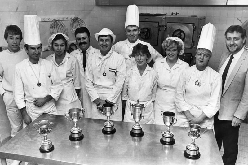 South Tyneside Hospital catering staff were in the picture in 1986 but can you spot someone you know? Pictured left to right are:  Simon Bruce; Tony Steele; Aika Miller; Raymond Ali, catering supt; Tommy Church, head chef; Tony Bray; Elaine Jeffel; Julie Shephard; Karen Stephenson and Mike Smith, district catering manager.