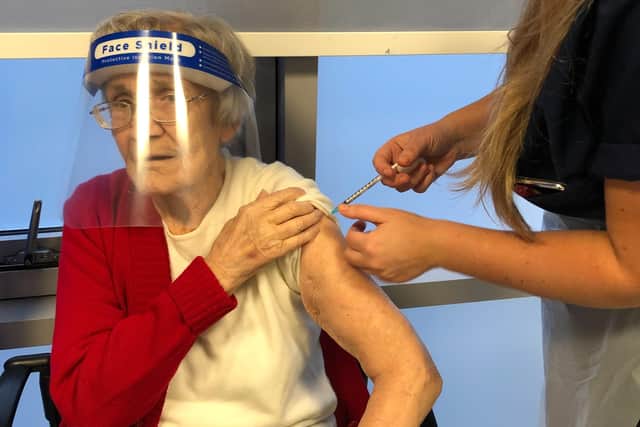 Nancy Rooks, 99, has received the first of her Covid-19 vaccinations at the Grindon Lane Primary Care Centre.