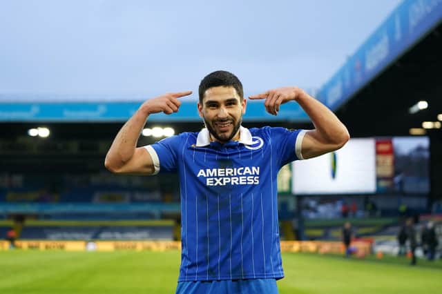 LEEDS, ENGLAND - JANUARY 16: Neal Maupay of Brighton and Hove Albion celebrates after scoring his team's first goal during the Premier League match between Leeds United and Brighton & Hove Albion at Elland Road on January 16, 2021 in Leeds, England. Sporting stadiums around England remain under strict restrictions due to the Coronavirus Pandemic as Government social distancing laws prohibit fans inside venues resulting in games being played behind closed doors. (Photo by Jon Super - Pool/Getty Images)