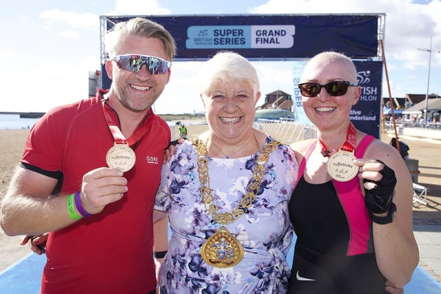 The Mayor of Sunderland,Cllr Alison Smith with cancer survivor Helen Rackshore and her brother Mark Howorth.