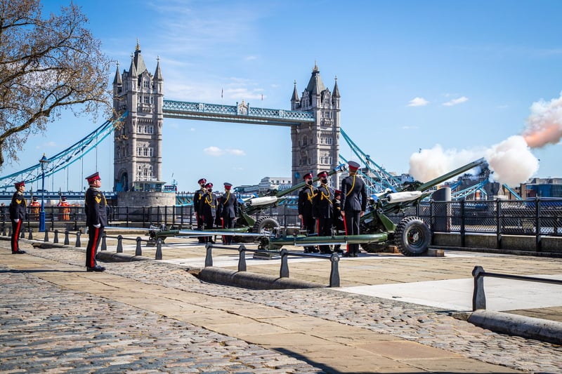 Personnel from the military conducting a Gun Salute at The Tower of London, to mark the national minute's silence on the occasion of the funeral of the Duke of Edinburgh.