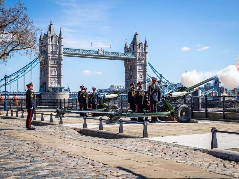 Personnel from the military conducting a Gun Salute at The Tower of London, to mark the national minute's silence on the occasion of the funeral of the Duke of Edinburgh.