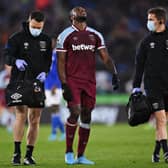 Michail Antonio of West Ham United receives medical treatment during the Premier League match between Leicester City and West Ham United at The King Power Stadium on February 13, 2022 in Leicester, England. (Photo by Laurence Griffiths/Getty Images)