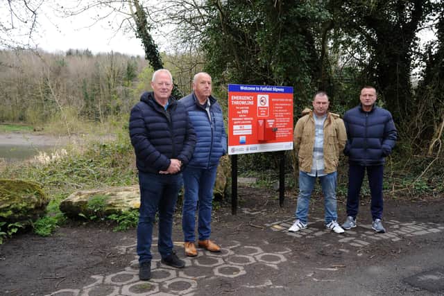 Dave Irwin (right) with (from left) former councillor Tony Taylor Fatfield Residents Association's John Parish and Neil Roscoe, and Tyne & Wear Fire Rescue Service's Tommy Richardson with the newly installed Throw Line at Fatfield Slipway