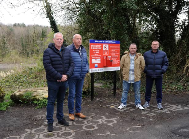 Dave Irwin (right) with (from left) former councillor Tony Taylor Fatfield Residents Association's John Parish and Neil Roscoe, and Tyne & Wear Fire Rescue Service's Tommy Richardson with the newly installed Throw Line at Fatfield Slipway