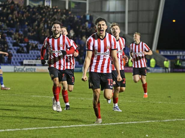 SHREWSBURY, ENGLAND - JANUARY 07:  Luke O'Nien of Sunderland celebrates scoring the winner during the FA Cup third round match between Shrewsbury Town and Sunderland at Montgomery Waters Meadow on January 7, 2023 in Shrewsbury, England. (Photo by Ian Horrocks/Sunderland AFC via Getty Images)