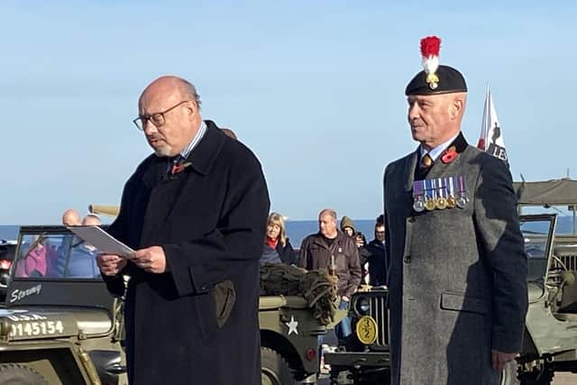 Grahame Morris MP Easington doing a reading the Seaham Armistice Day Parade with Dave McKenna parade Marshall. Picture by FRANK REID
