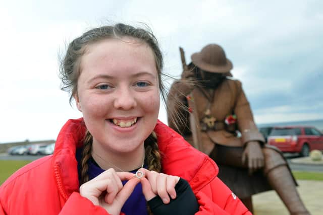 Heart transplant youngster Kayleigh Llewellyn, 13, with the ring from her donor ahead of her charity walk from South Shields to Seaham.
