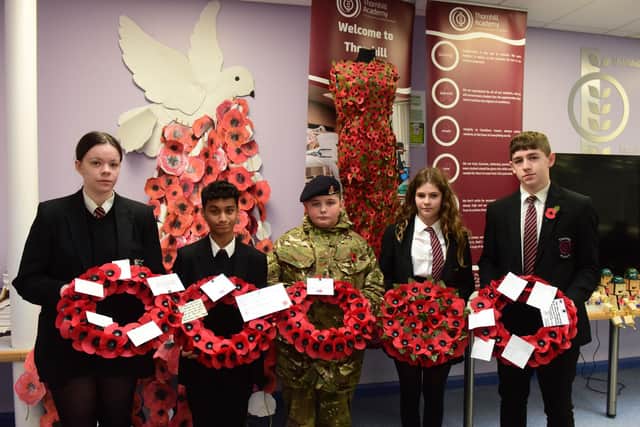 Some of the pupils at Thornhill Academy who took part in their Armistice Day ceremony. (Left to right) Ella Gardiner, Ismael Ali, Luke Leary, Hollie Poulton and Harley Lockerbie.