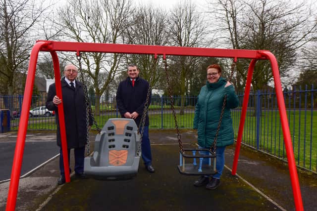 Councillors James Blackburn, Iain Scott and Claire Rowntree at the play area at Quarry House Lane, East Rainton.