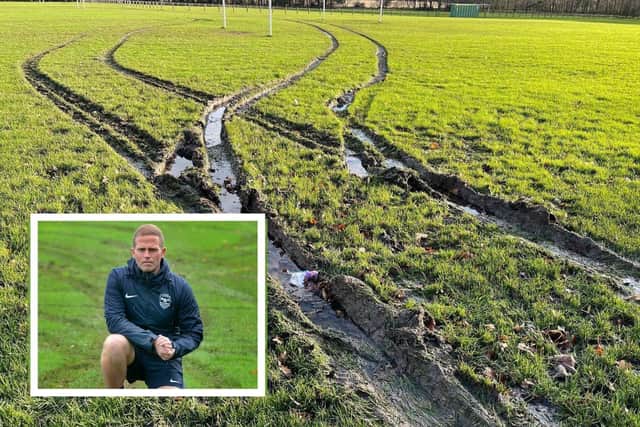 The damage to the football pitches following an incident of vandalism on Washington AFC. Inset: Head of Football Gary Sykes following the last incident.