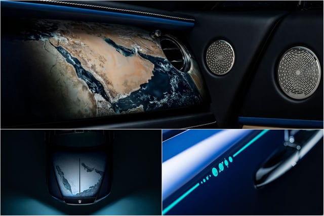 CANVAS: WRAITH │MEDIUM: EMBROIDERY, AIR-BRUSHED PAINT
Wraith ‘Inspired By Earth’ takes its design cues from the entire Solar System, and our own planet, as seen from space. The Royal Blue exterior references the water that covers 75 per cent of the Earth’s surface while an air-brushed bonnet artwork depicts a satellite view of the Middle Eastern region centred on the United Arab Emirates. A hand-painted Emerald Green coachline incorporates the Sun and the eight planets of the Solar System.
The seats are made from Moccasin leather to mimic the sands of the Emirates’ deserts; Navy and Cobalto Blue accents are suggestive of rivers and lakes, and Emerald Green piping symbolises nature in all its forms. The rear ‘waterfall’ features atmospheric clouds rendered in minutely detailed embroidery using Photoflash technology. The fascia is embellished with a skilfully air-brushed satellite image of the Middle East. The Bespoke Starlight Headliner is embroidered to illustrate all the planets of the Solar System, centred on the Sun. Other Bespoke details include treadplates, a clock with metal radial background, and inlays showing the planets in silver, with planet Earth accentuated in gold.