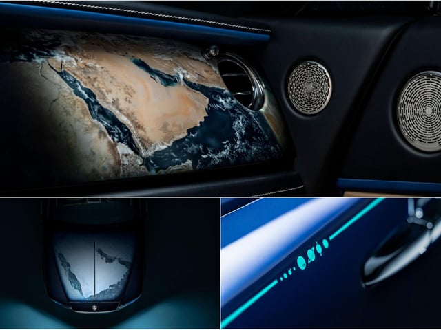 CANVAS: WRAITH │MEDIUM: EMBROIDERY, AIR-BRUSHED PAINT
Wraith ‘Inspired By Earth’ takes its design cues from the entire Solar System, and our own planet, as seen from space. The Royal Blue exterior references the water that covers 75 per cent of the Earth’s surface while an air-brushed bonnet artwork depicts a satellite view of the Middle Eastern region centred on the United Arab Emirates. A hand-painted Emerald Green coachline incorporates the Sun and the eight planets of the Solar System.
The seats are made from Moccasin leather to mimic the sands of the Emirates’ deserts; Navy and Cobalto Blue accents are suggestive of rivers and lakes, and Emerald Green piping symbolises nature in all its forms. The rear ‘waterfall’ features atmospheric clouds rendered in minutely detailed embroidery using Photoflash technology. The fascia is embellished with a skilfully air-brushed satellite image of the Middle East. The Bespoke Starlight Headliner is embroidered to illustrate all the planets of the Solar System, centred on the Sun. Other Bespoke details include treadplates, a clock with metal radial background, and inlays showing the planets in silver, with planet Earth accentuated in gold.