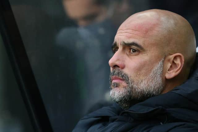 Pep Guardiola, Manager of Manchester City looks on prior to the Premier League match between Newcastle United and Manchester City at St. James Park on December 19, 2021 in Newcastle upon Tyne, England. (Photo by Alex Livesey/Getty Images)