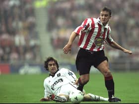 13 May 1998:  Lee Clark of Sunderland is tackled by Ian Hamilton of Sheffield United during the Nationwide League Divison One play-off at the Stadium of Light in Sunderland, England. Sunderland won the match 2-0. \ Mandatory Credit: Shaun  Botterill/Allsport
