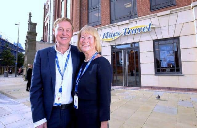 John Hays and wife Irene outside the Hays Travel headquarters in Keel Square, Sunderland. Picture: North News.