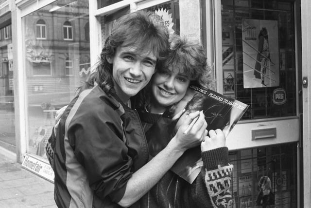 Pop star Owen Paul was pictured with Andrea Liddle from Sunderland outside Chartz record shop in Crowtree Road in 1986.