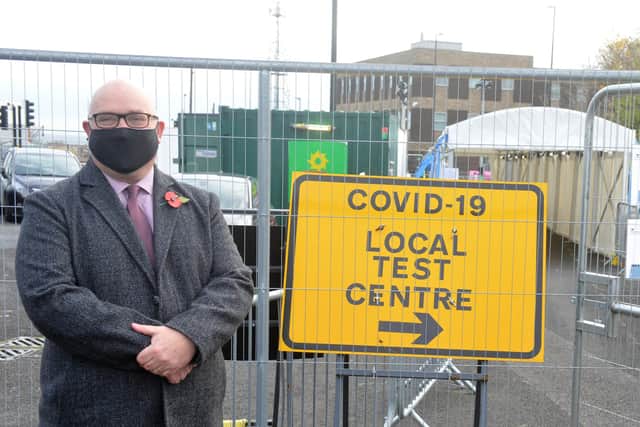 Councillor Graeme Miller visiting a coronavirus testing centre in Corporation Road, Sunderland, in November 2020.
