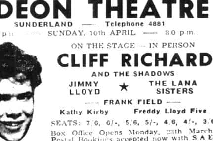 An advert for Cliff Richard's appearance at the Odeon, accompanied by The Shadows with Frank Field, The Lana Sisters and Jimmy Lloyd also on the bill. Image: Sunderland Antiquarian Society.