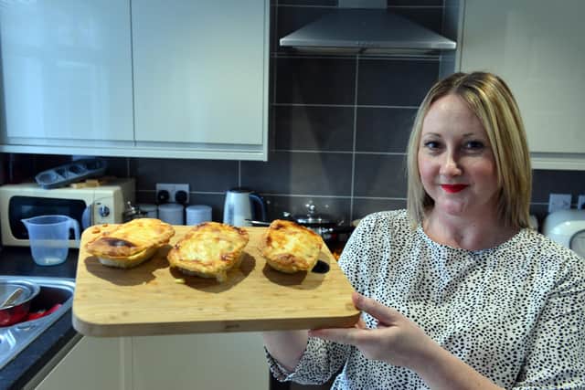 Wearside firm Tarts & Traybakes founder Nicola Ward with her cheesy chips in a pie for Sunderland AFC fans.