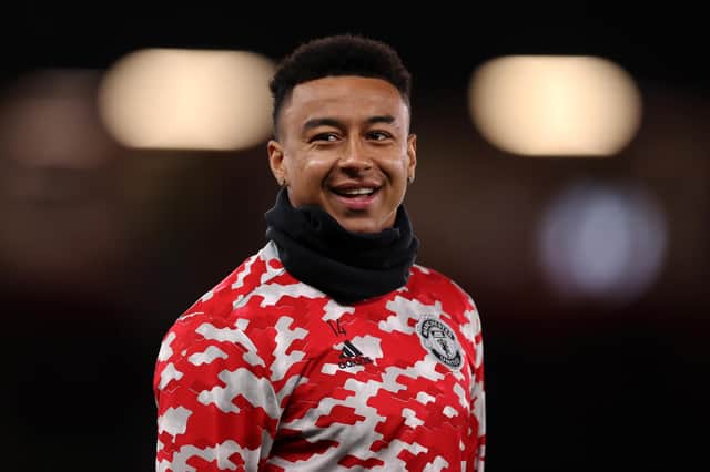 MANCHESTER, ENGLAND - OCTOBER 20: Jesse Lingard of Manchester United looks on during the warm up prior to the UEFA Champions League group F match between Manchester United and Atalanta at Old Trafford on October 20, 2021 in Manchester, England. (Photo by Naomi Baker/Getty Images)