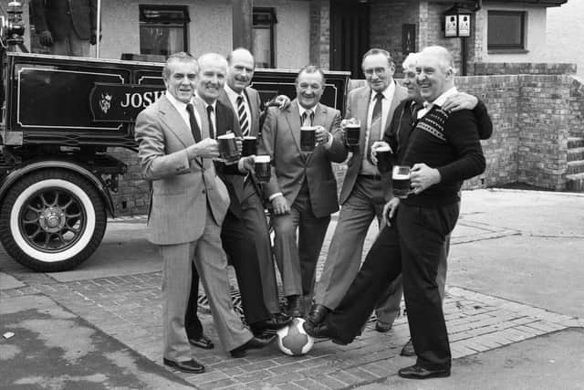 Former football stars gt together after Liverpool manager Bob Paisley pulled the first pint to open the Keel Boat in Washington.