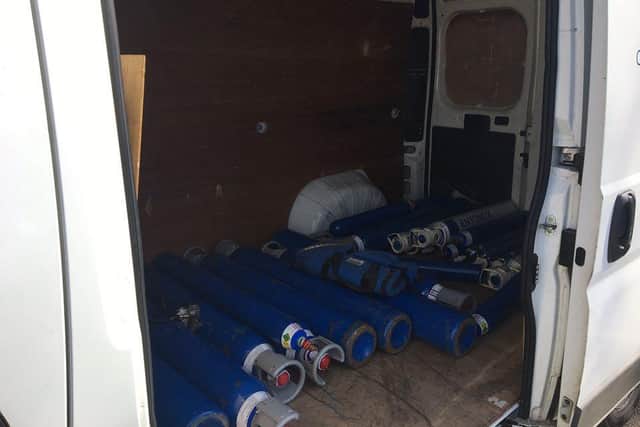 The canisters were used to contain nitrous oxide, used by patients to manage pain, and were stolen from hospitals in Chester-le-Street, Bishop Auckland and Darlington early on Sunday. Photograph by Bishop Auckland Police/Facebook/PA Wire