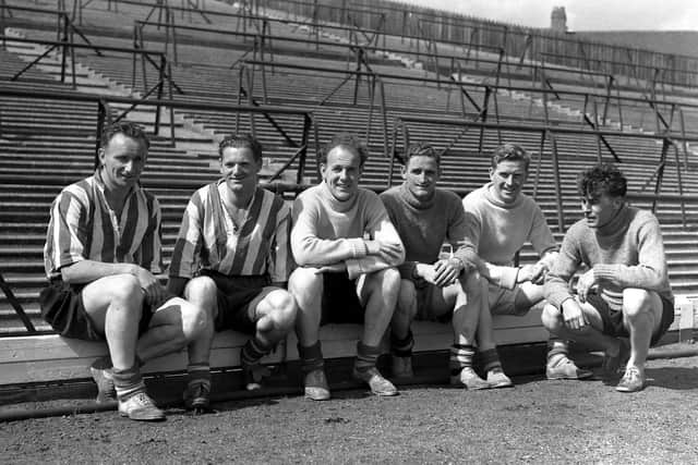 Arthur Wright, Jack Hedley, Johnny Mapson, David Agnew (reserve Goal keeper), Len Duns and Reg Scotson in the early 1950s. Harry remembers watching many of them play.