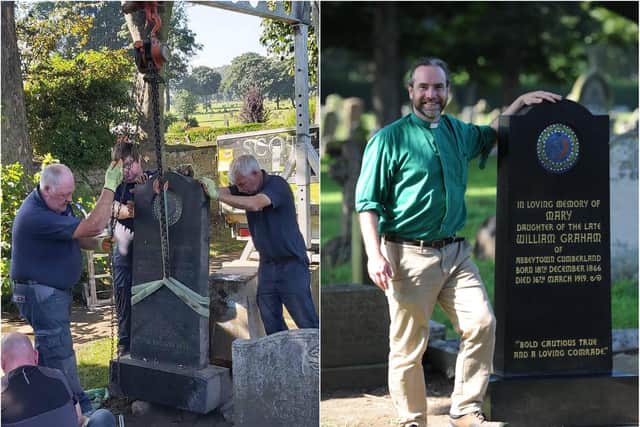 Revd Chris Howson has helped re-erect the grave with the help of Friends of Sunderland Cemeteries and the National Glass Centre.