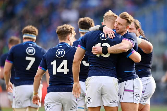 Chris Harris and Stuart Hogg of Scotland celebrate their side's win in Italy
