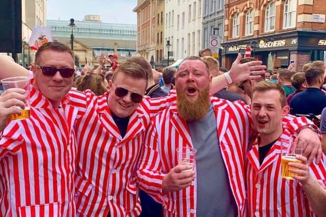 Craig, second right, with pals in Covent Garden for one of Sunderland's previous visits to Wembley.