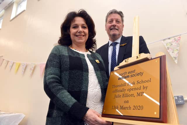 Sunderland Central MP Julie Elliott is pictured with North East Autism Society chief executive John Phillipson after unveiling a plaque at the new Thornhill Park School.