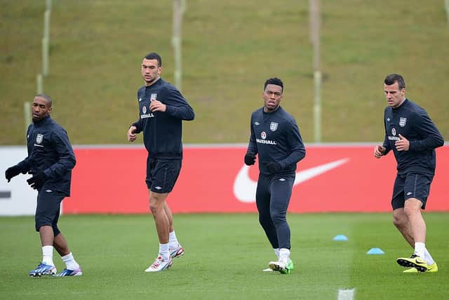 England players Jermain Defoe, Steven Caulker, Daniel Sturridge and Steven Taylor in action during a training session at St Georges Park in 2013.