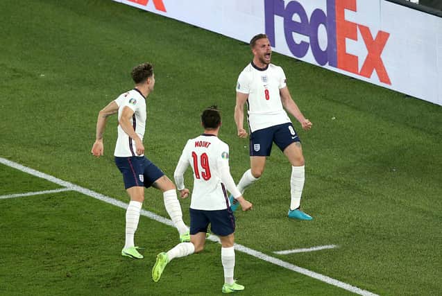 England's Jordan Henderson celebrates scoring their side's fourth goal of the game during the UEFA Euro 2020 Quarter Final match at the Stadio Olimpico, Rome. Picture date: Saturday July 3, 2021.
