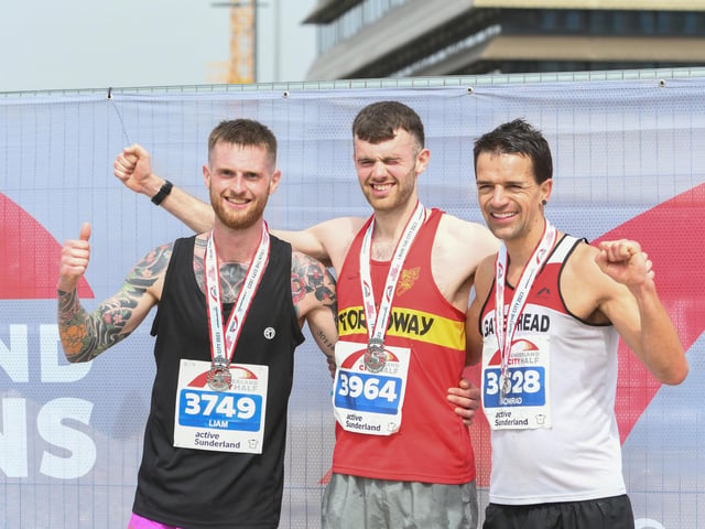 The first three of the Sunderland City Runs 2023 half marathon l-r 3rd Lima Walshaw, 1st Lewis McAlpine and 2nd Conrad Frank.
