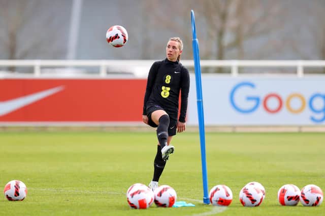 BURTON UPON TRENT, ENGLAND - APRIL 05: Jordan Nobbs of England looks on during a training session ahead of their Women's World Cup qualifier match against North Macedonia at St George's Park on April 05, 2022 in Burton upon Trent, England. (Photo by Catherine Ivill/Getty Images)