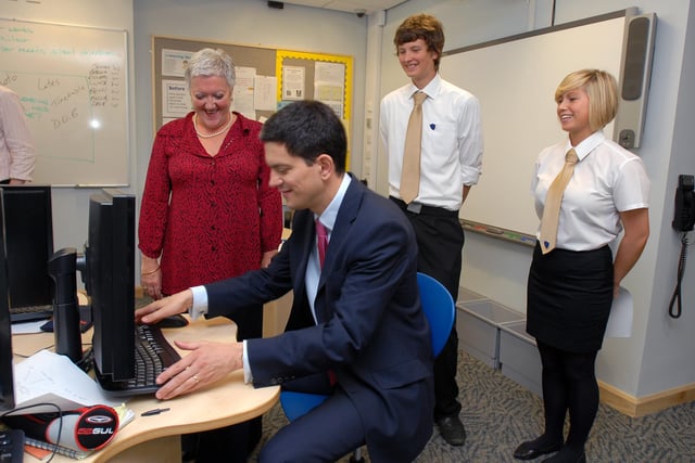 David Miliband, MP for South Shields at the time, meeting pupils and staff while officially opening Whitburn School.