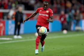 Moussa Diaby of Leverkusen runs with the ball during the Bundesliga match between Bayer 04 Leverkusen and 1. FC Union Berlin at BayArena on November 06, 2022 in Leverkusen, Germany. (Photo by Lars Baron/Getty Images)