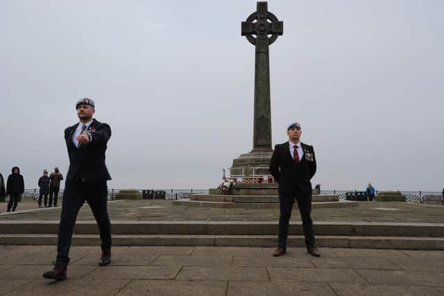 Former REME Sgt Adam Wilkinson changes guard with former REME Sgt Joe Beston On stag at Terrace Green, Seaham, a 24 hour vigil at the cenotaph to raise funds for the Poppy Appeal.
