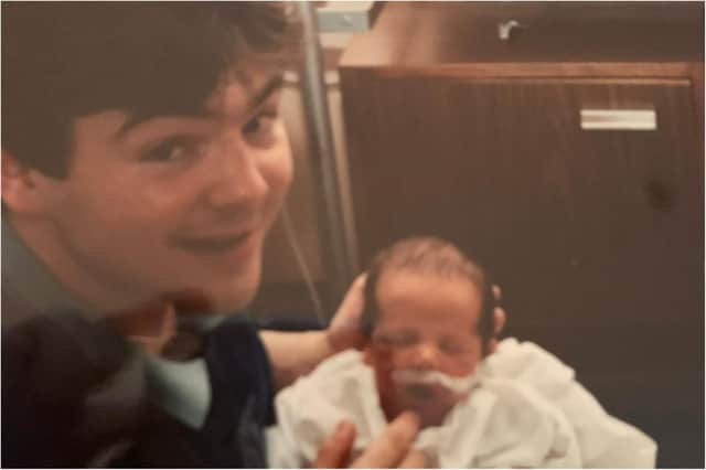 Colin Thirwell with his son Scott, just after being born
