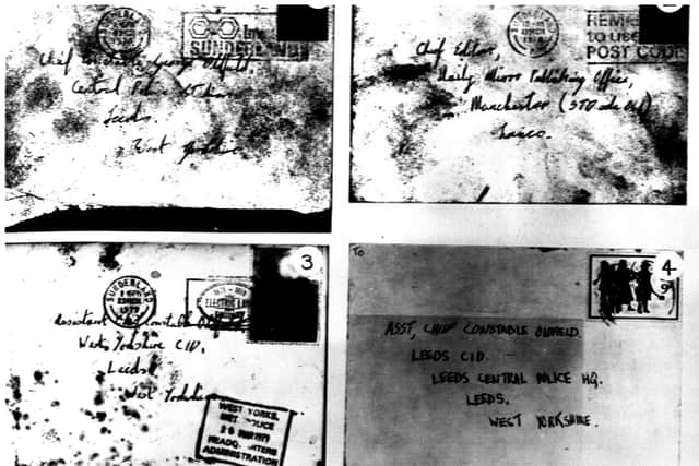 Police images released in 1979 of four envelopes and two signatures of 'The Yorkshire Ripper' - which were actually from John Humble