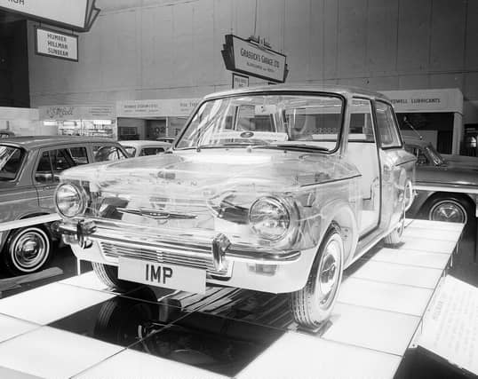 Scottish Motor Show in The Kelvin Hall - Illuminated skeleton of the Hillman Imp in 1963.