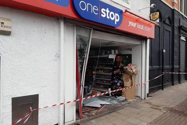 Damage to the front of the One Stop shop in Silksworth