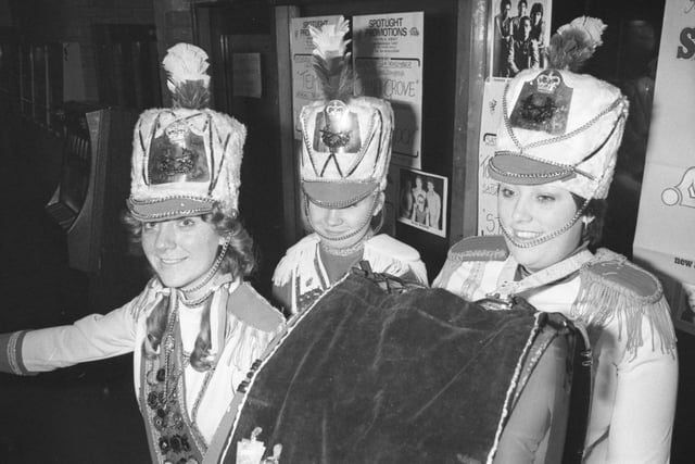Three of the longest serving members of the Gilley Law Cavaliers Jazz Band retired at the band's annual presentations in 1977.  Left to right are:  Elaine Bulmer, Susan Dunn and Valerie Bryan all aged 18.