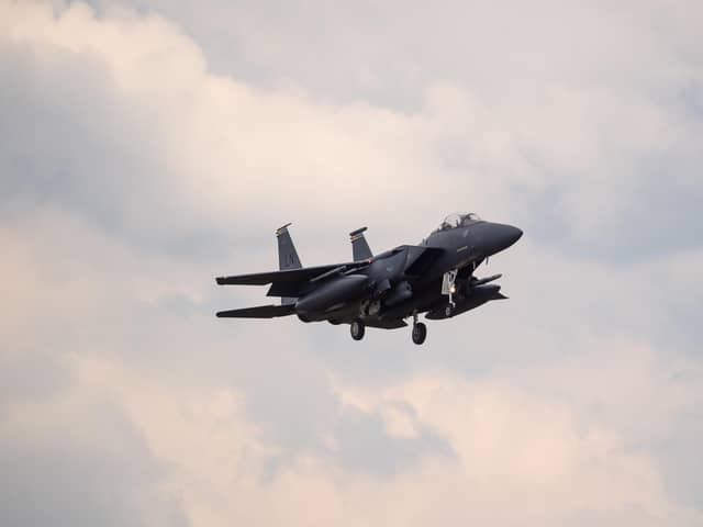 An F15 fighter jet landing at RAF Lakenheath, Suffolk, after an American fighter jet crashed into the North Sea while on a training exercise off the north-east coast of England.