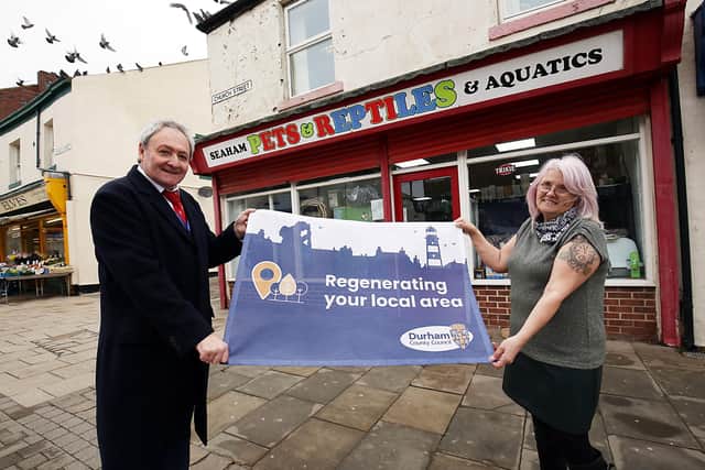 Councillor Kevin Shaw and Alison Chaplow, outside of Seaham Pet and Reptile, which is one of two business to win grant backing for building improvements.